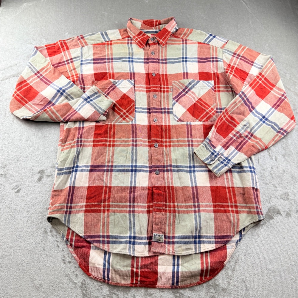 Vintage Levis Plaid Flannel Shirt Men's Large Red White Blue 90s 0530-2509